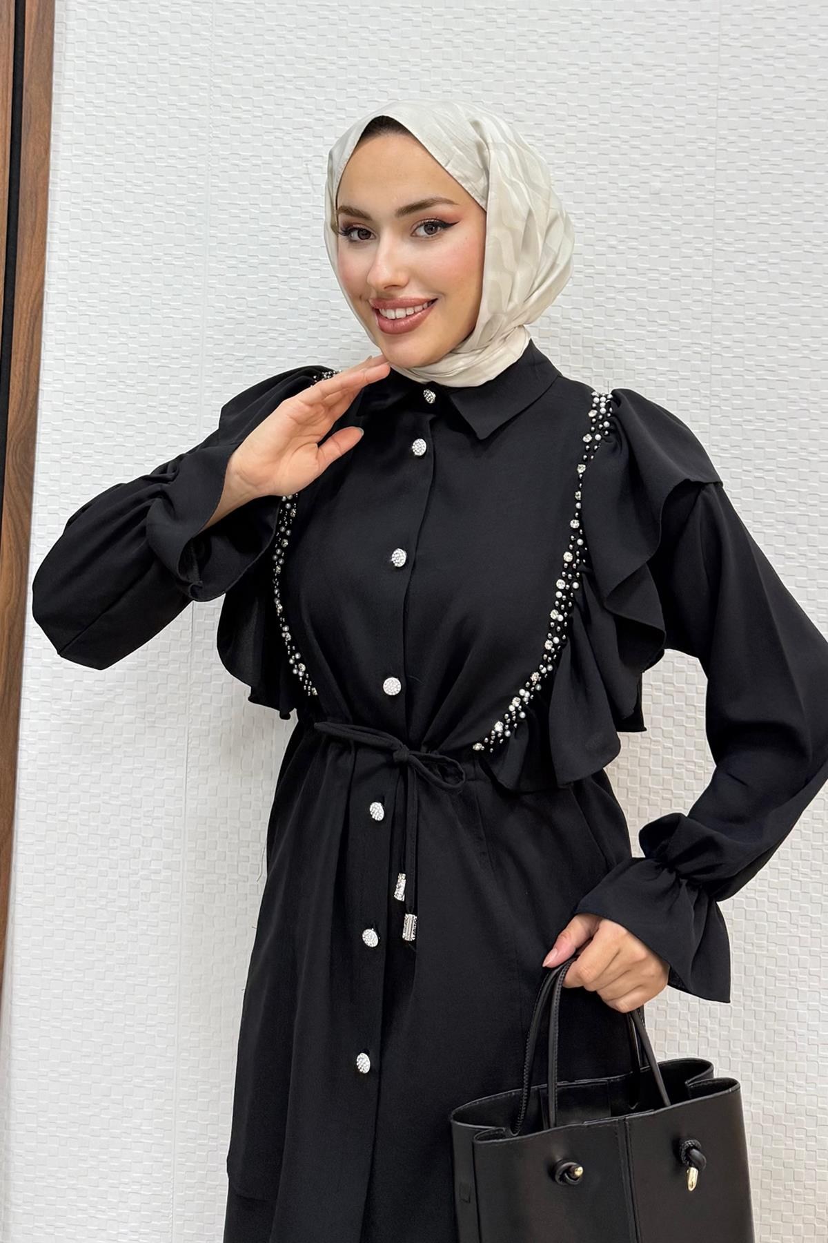 Taşlı Linda Takım Siyah