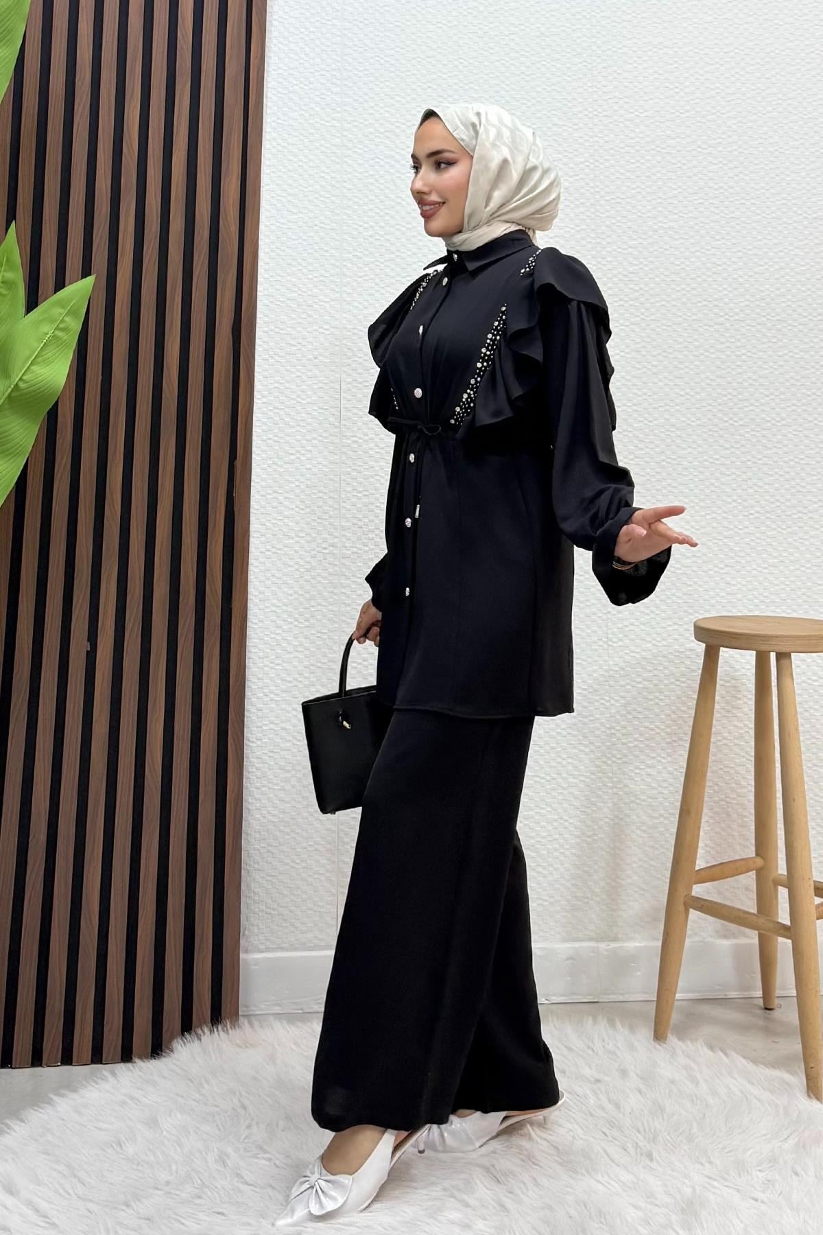 Taşlı Linda Takım Siyah