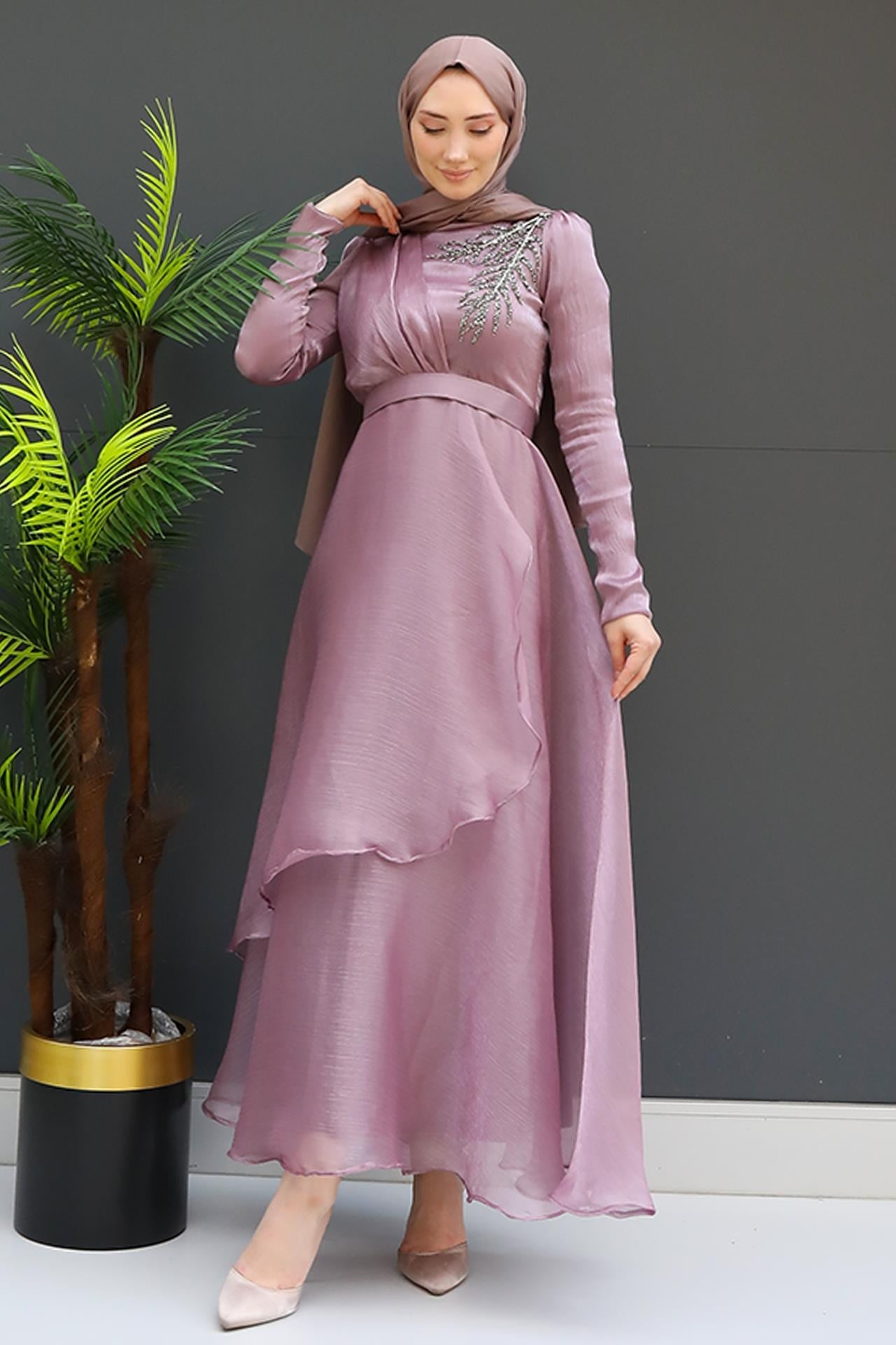 Taşlı Organze Abiye Açık Gül Kurusu