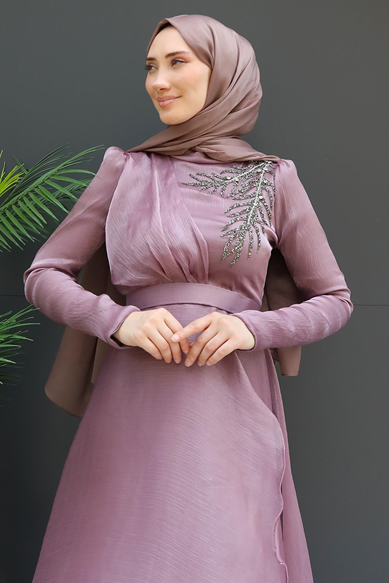 Taşlı Organze Abiye Açık Gül Kurusu