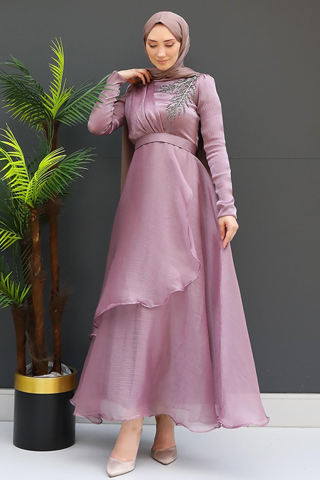 Taşlı Organze Abiye Açık Gül Kurusu