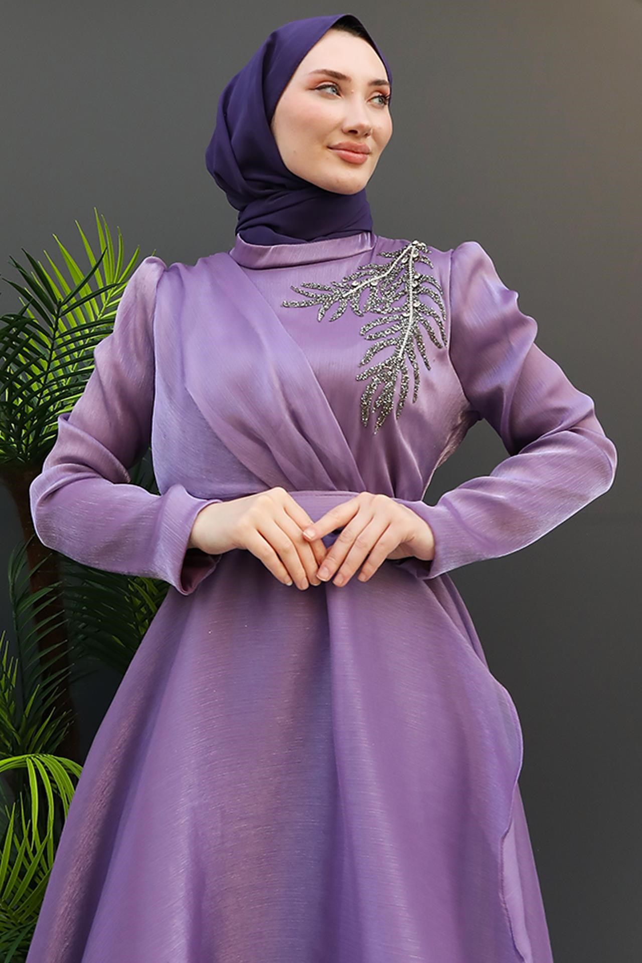 Taşlı Organze Abiye Açık Lila
