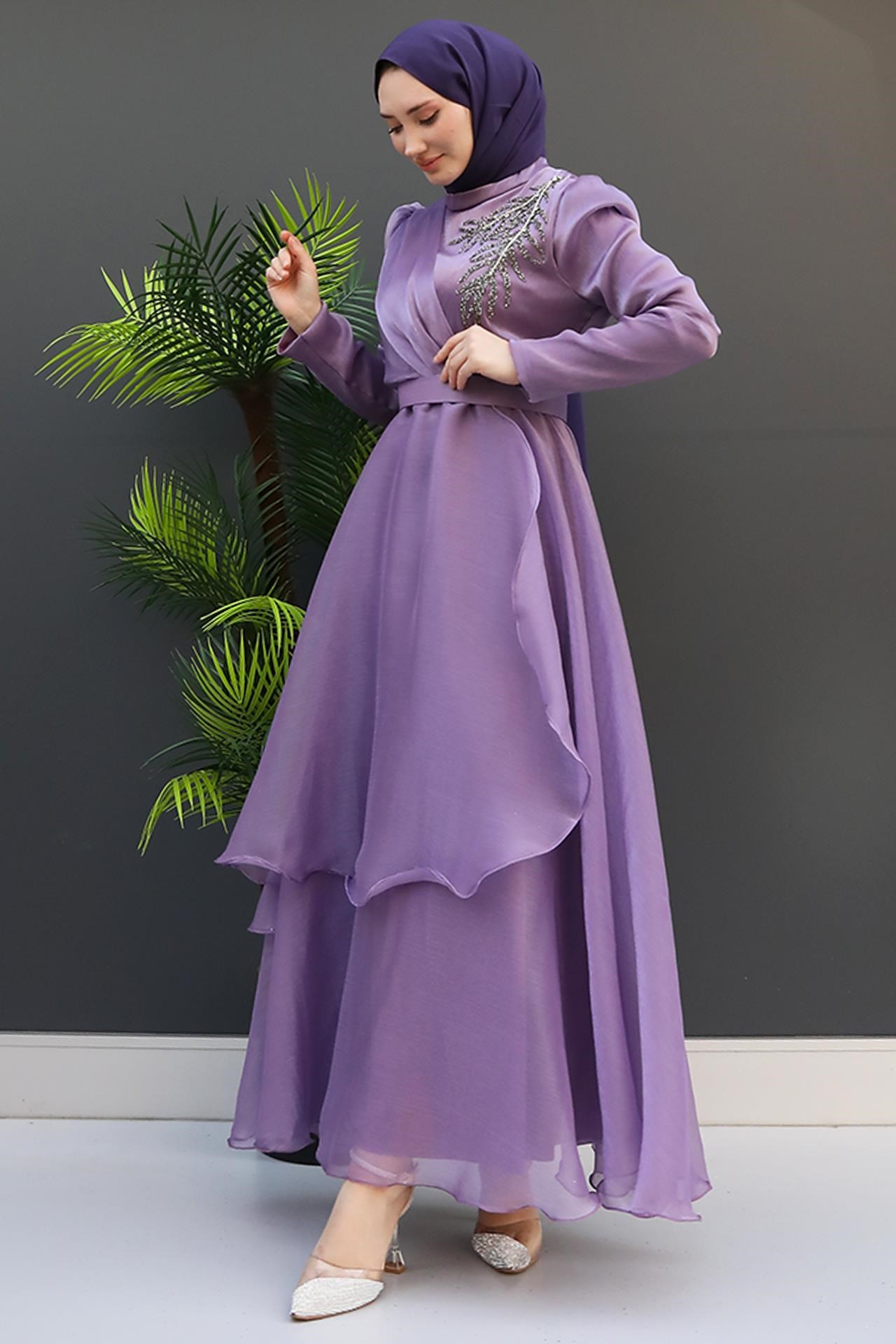 Taşlı Organze Abiye Açık Lila