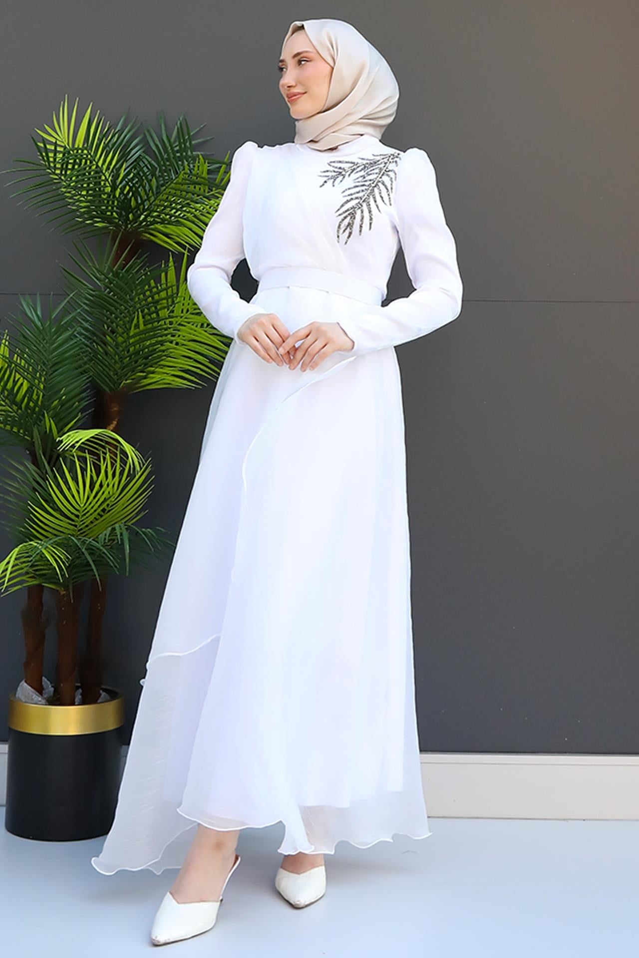 Taşlı Organze Abiye Beyaz