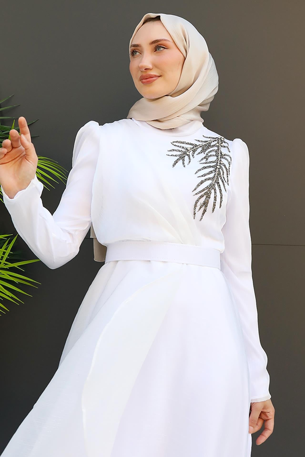 Taşlı Organze Abiye Beyaz
