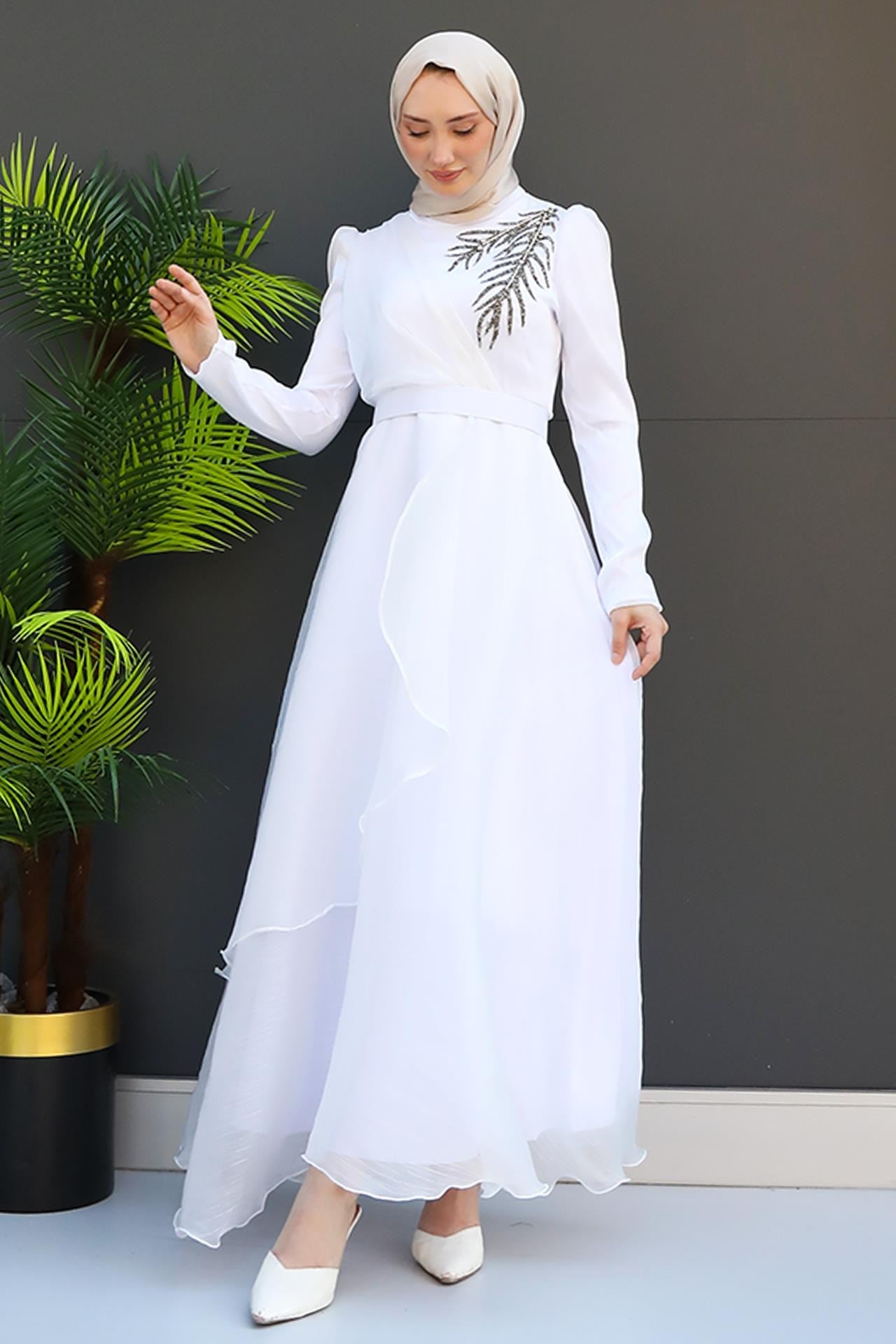 Taşlı Organze Abiye Beyaz