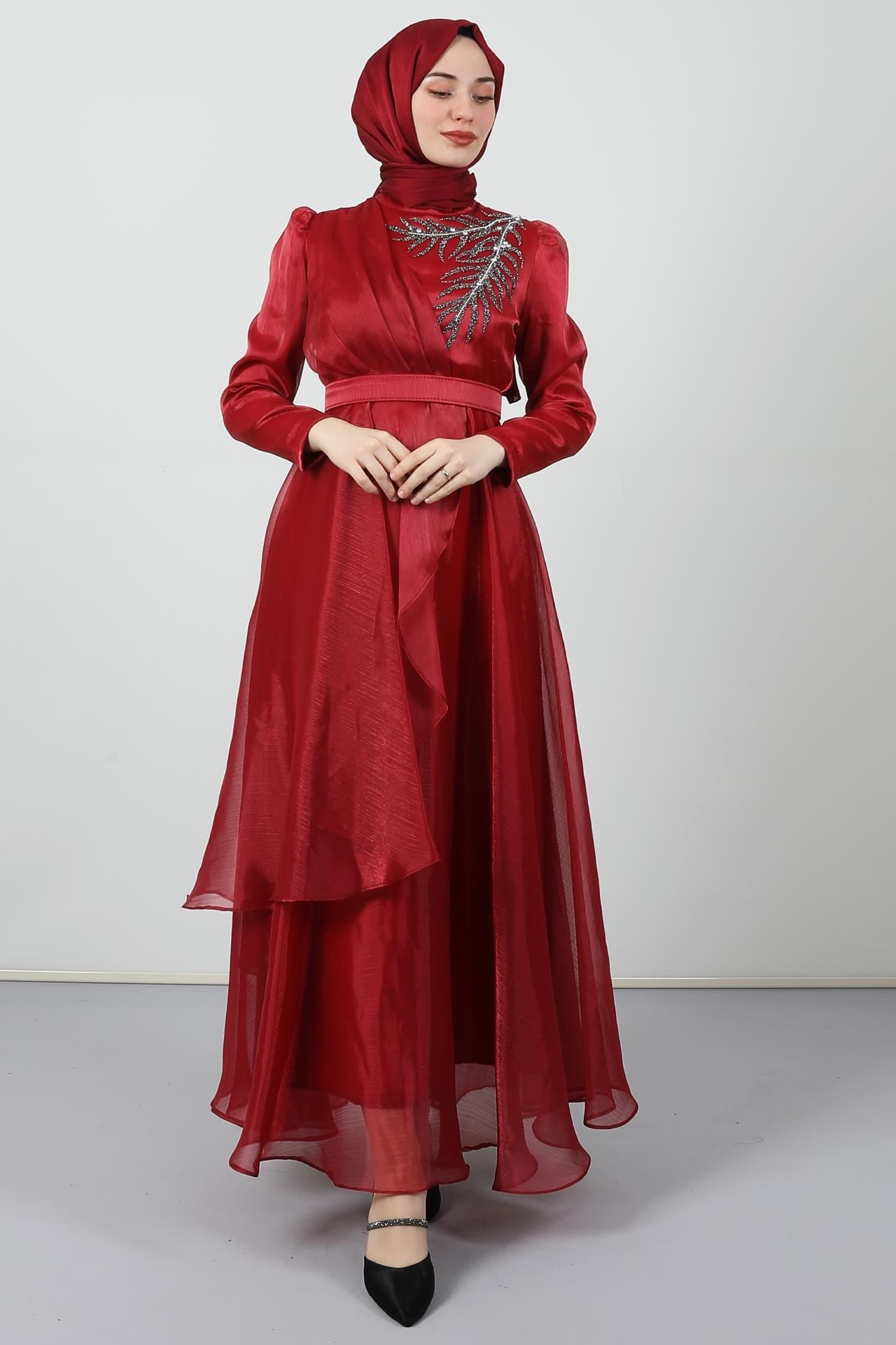 Taşlı Organze Abiye Bordo