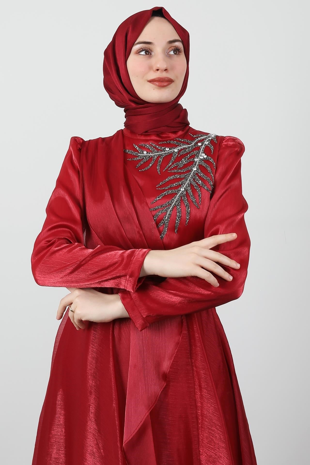 Taşlı Organze Abiye Bordo