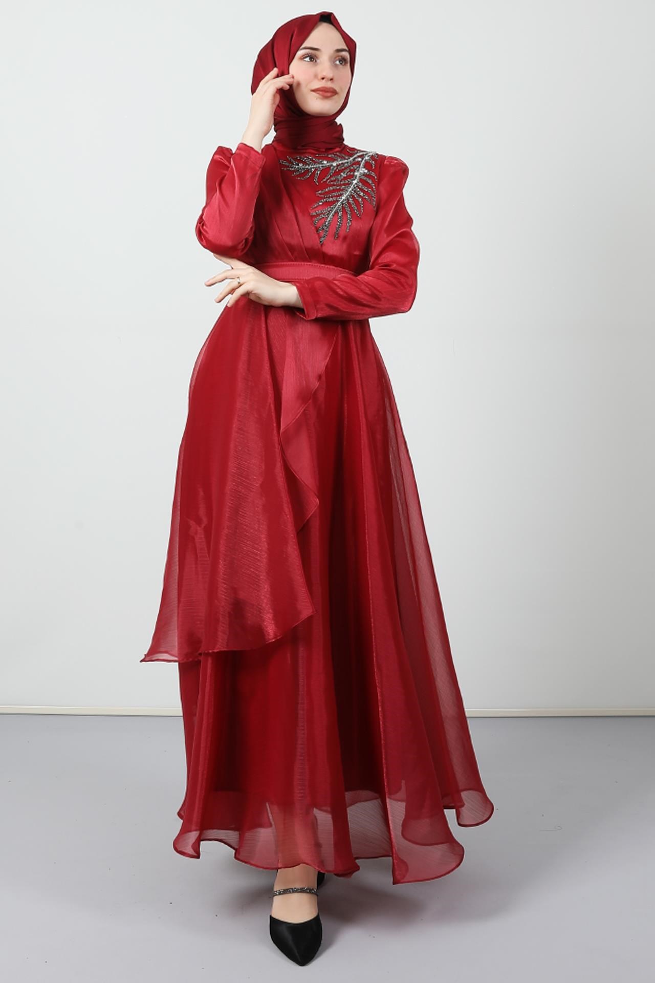 Taşlı Organze Abiye Bordo