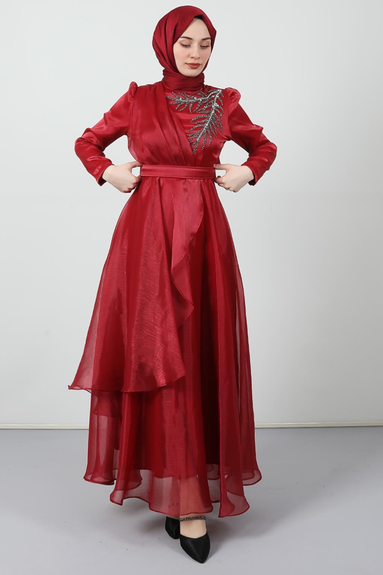 Taşlı Organze Abiye Bordo