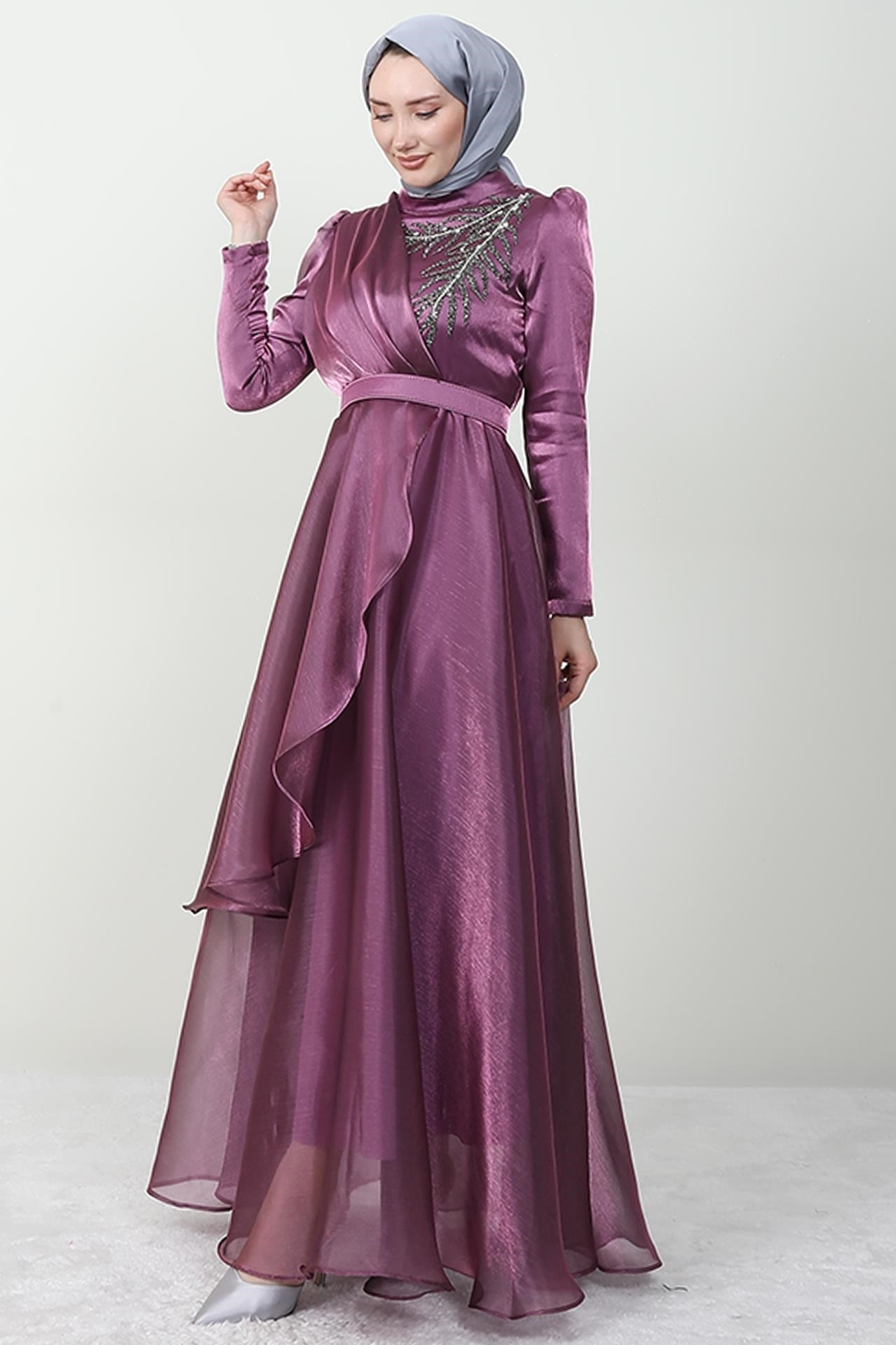 Taşlı Organze Abiye Eflatun