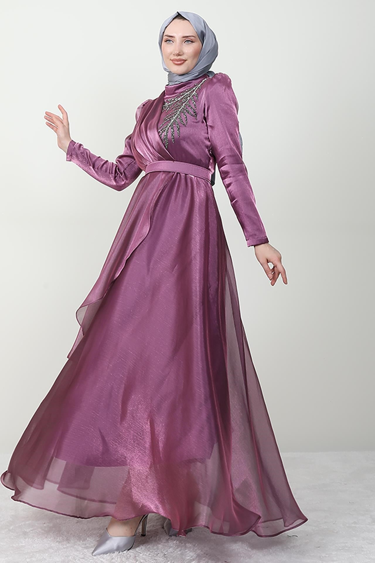 Taşlı Organze Abiye Eflatun