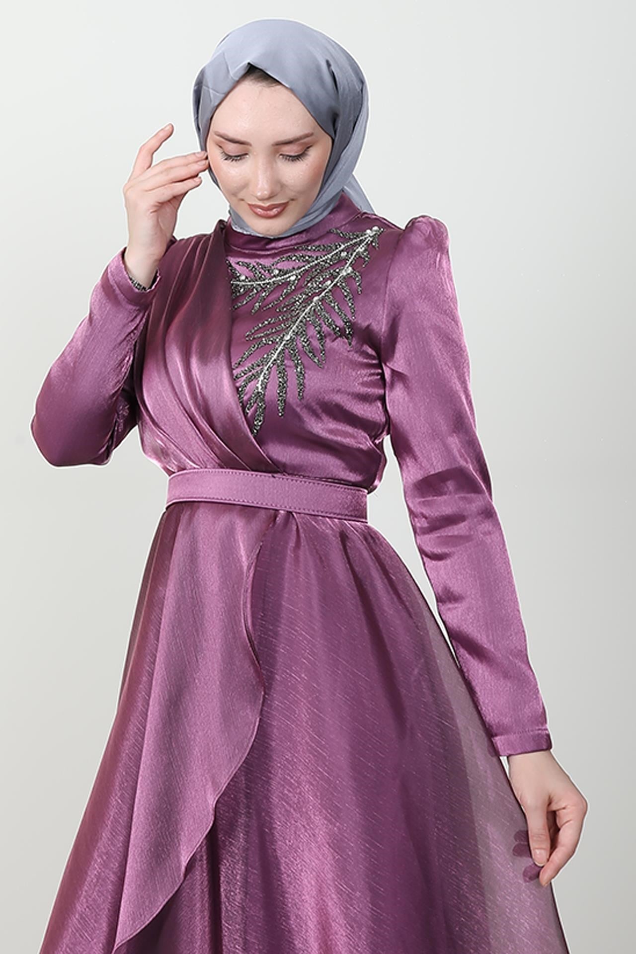 Taşlı Organze Abiye Eflatun