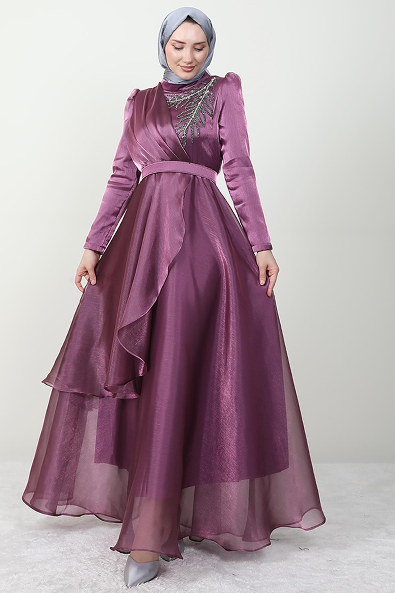 Taşlı Organze Abiye Eflatun