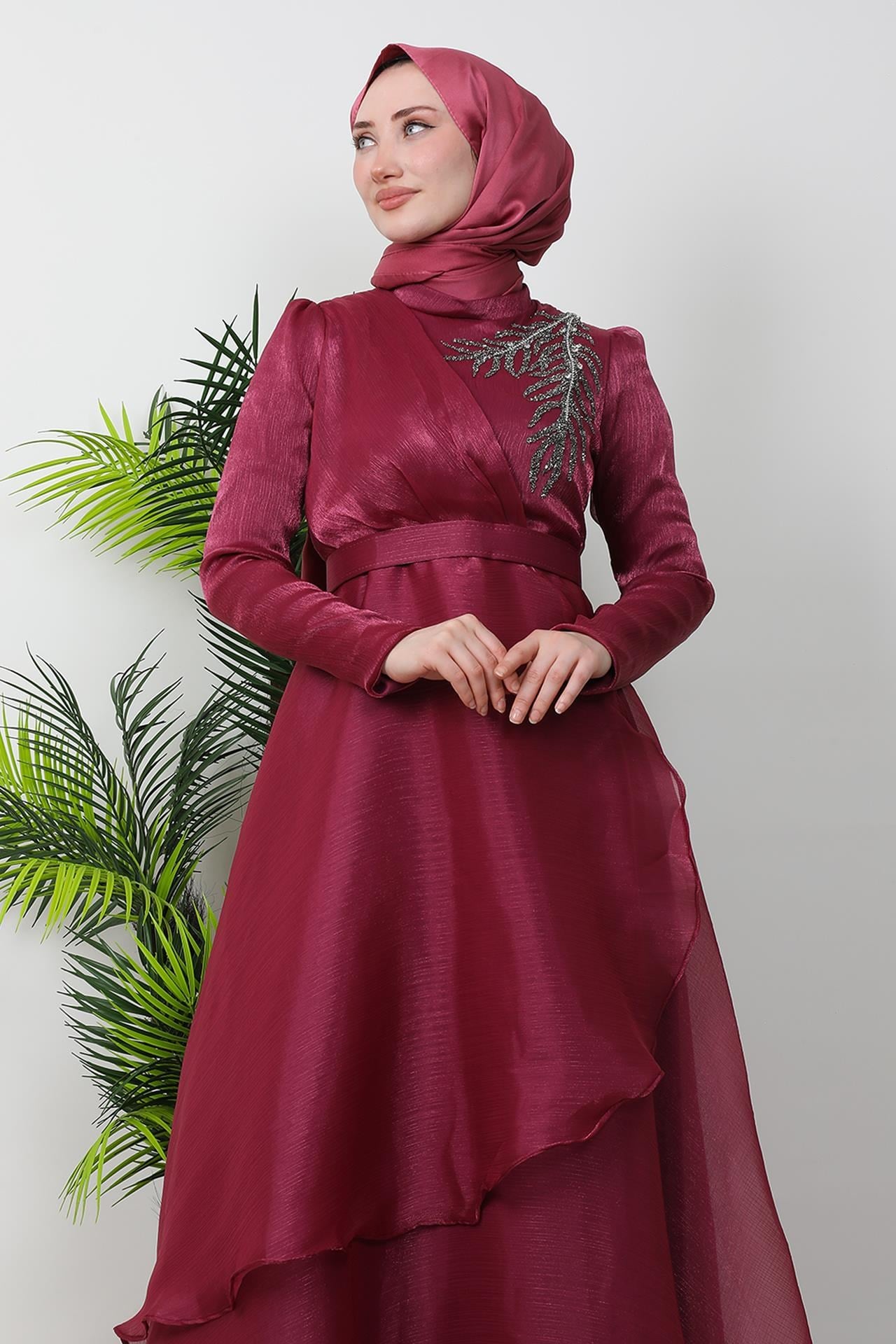 Taşlı Organze Abiye Fuşya