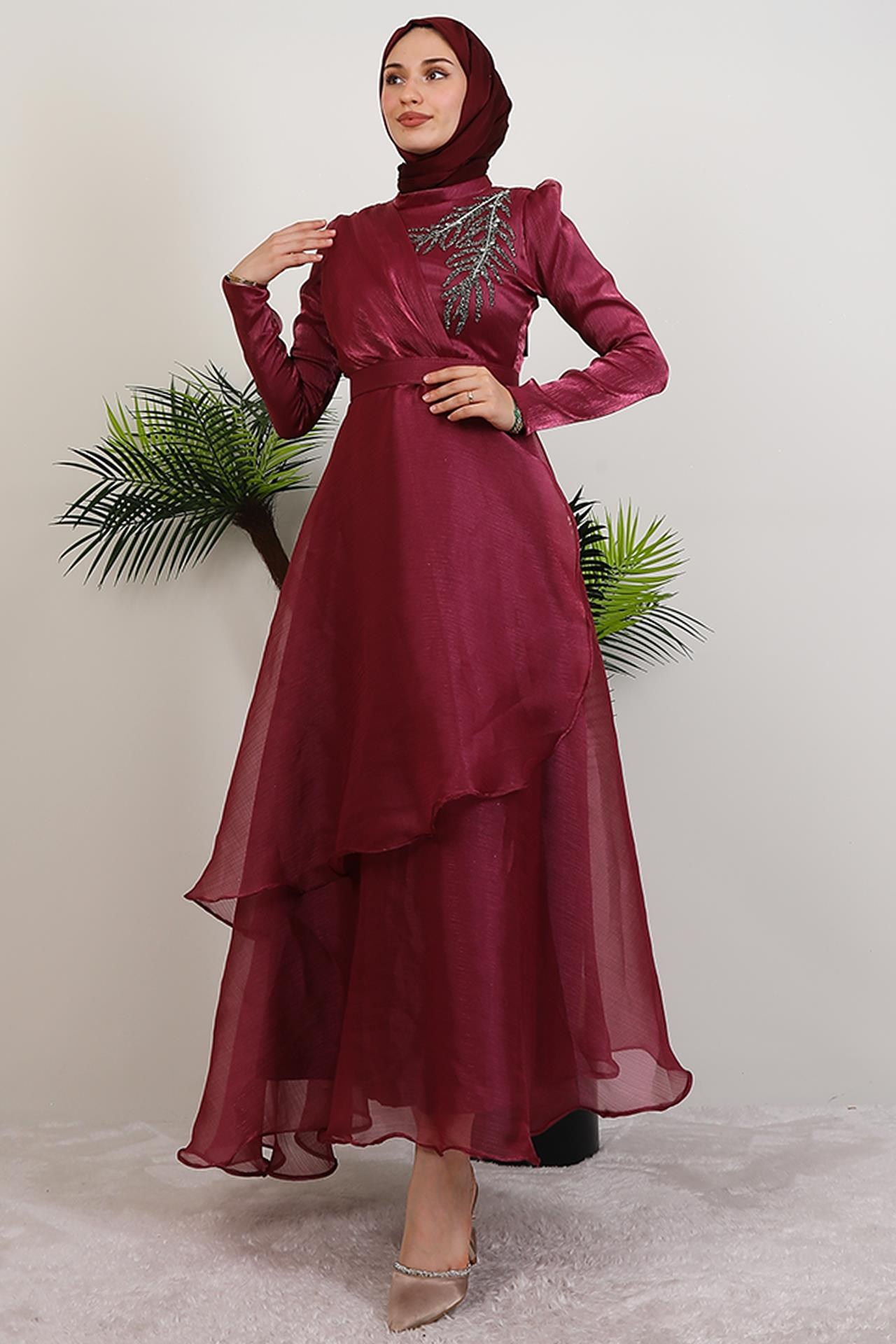 Taşlı Organze Abiye Fuşya