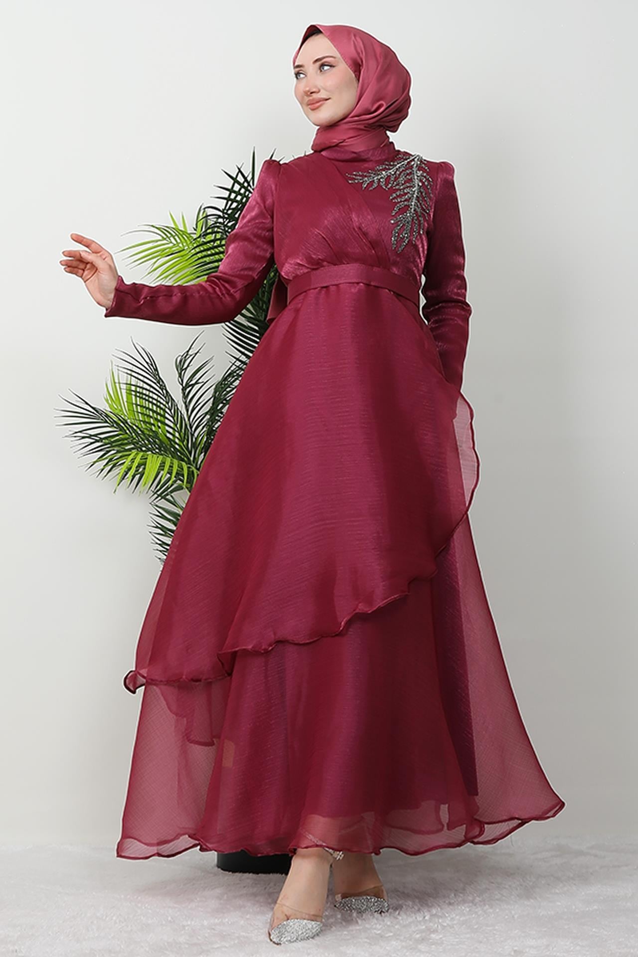 Taşlı Organze Abiye Fuşya