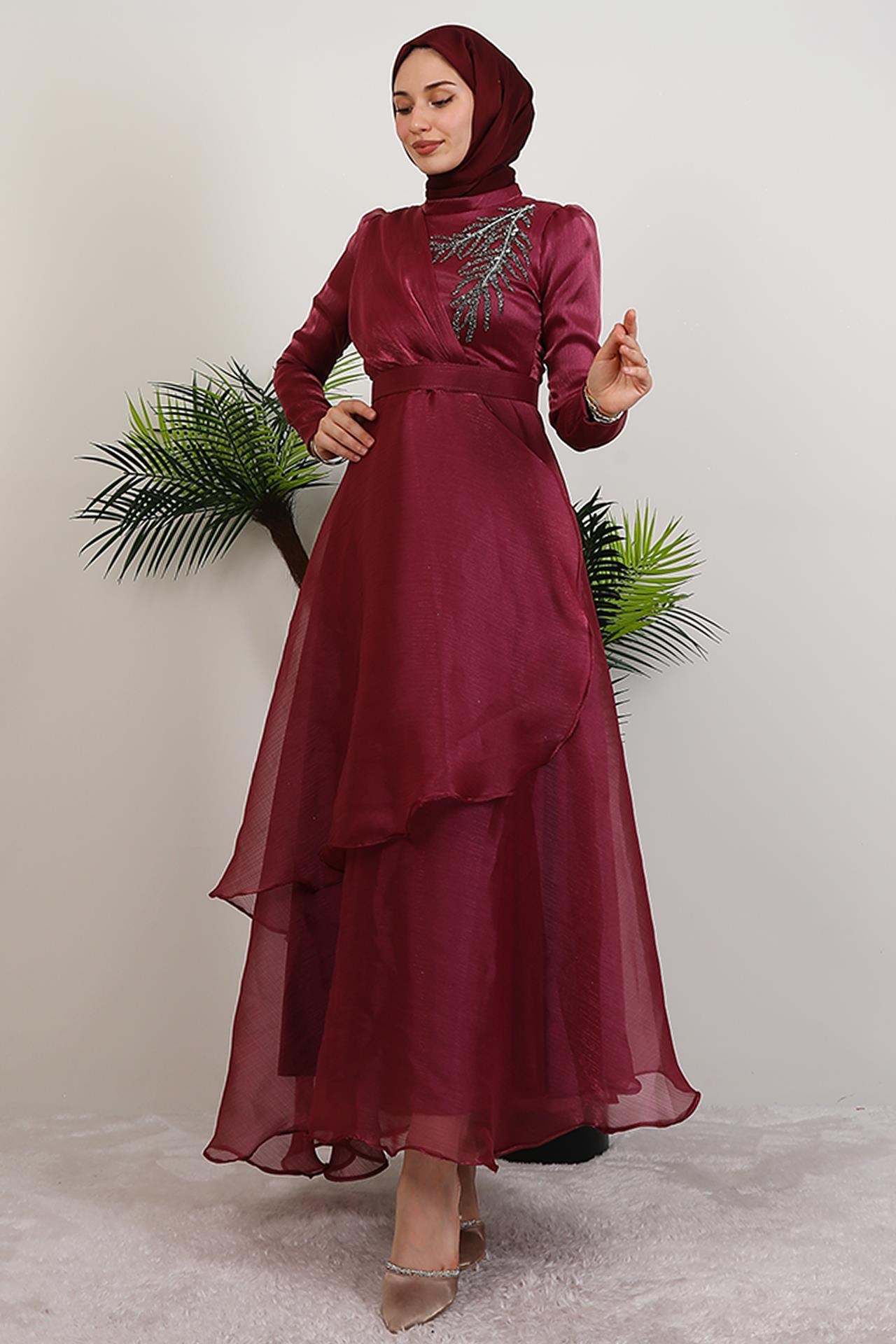 Taşlı Organze Abiye Fuşya
