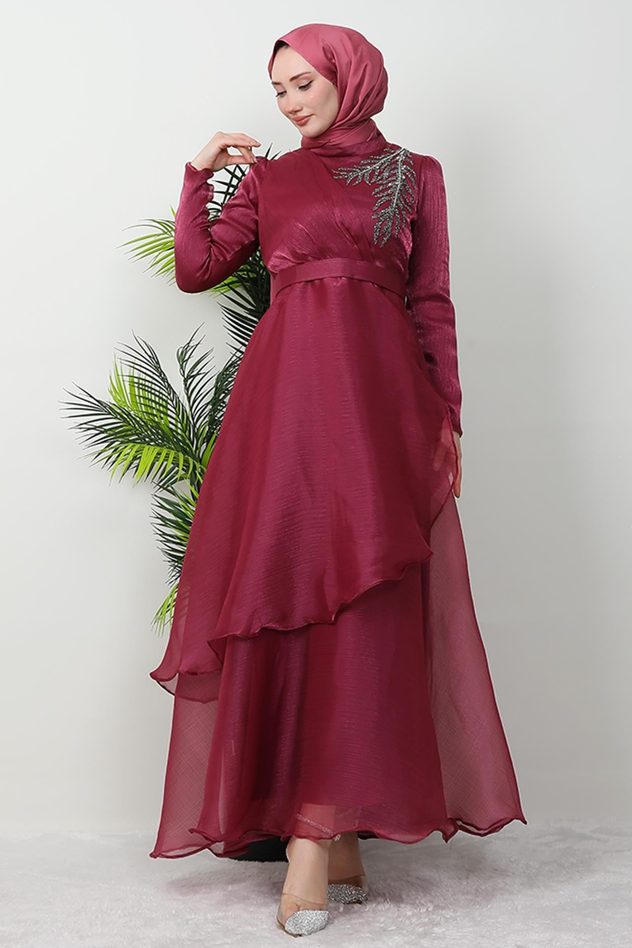 Taşlı Organze Abiye Fuşya