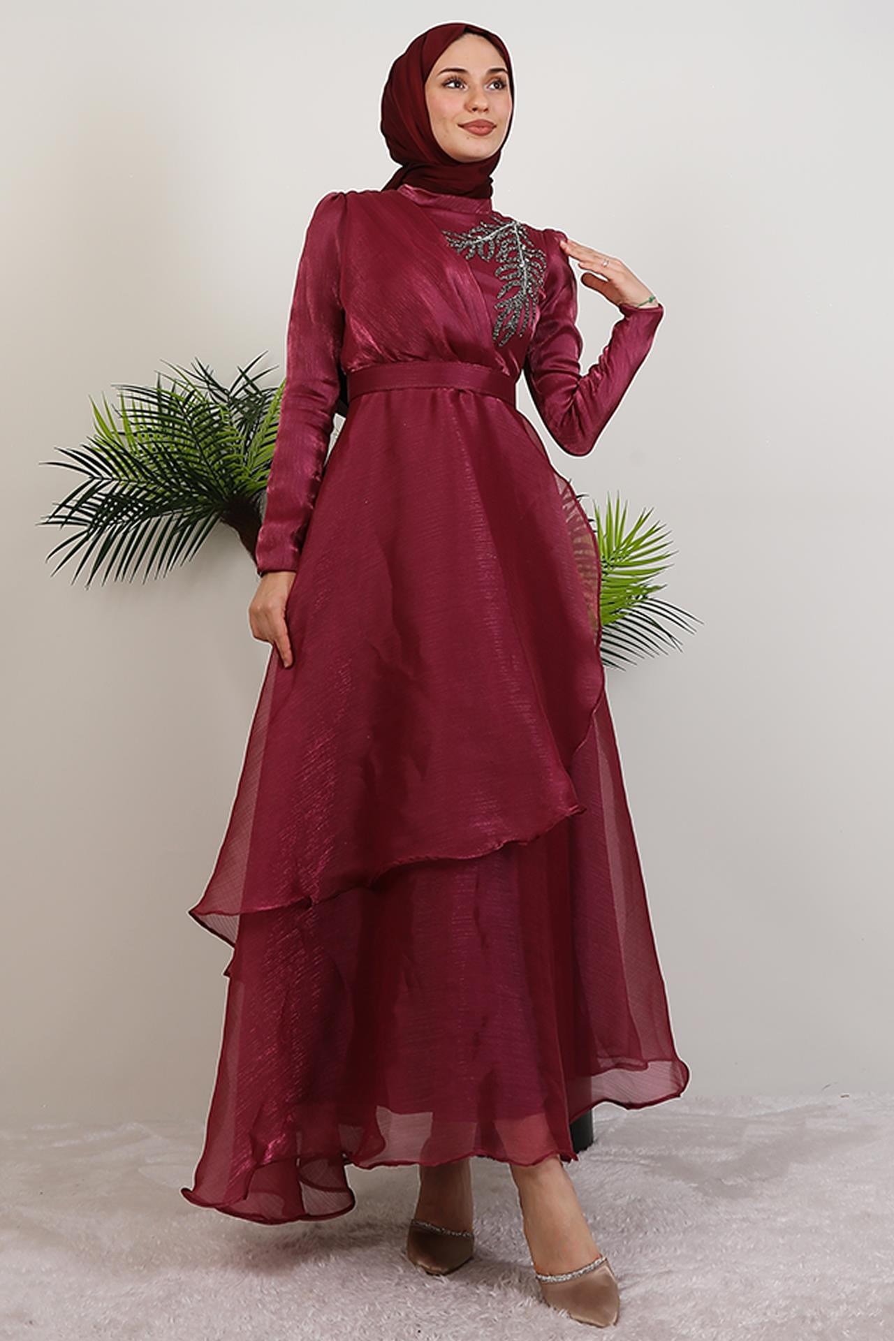 Taşlı Organze Abiye Fuşya