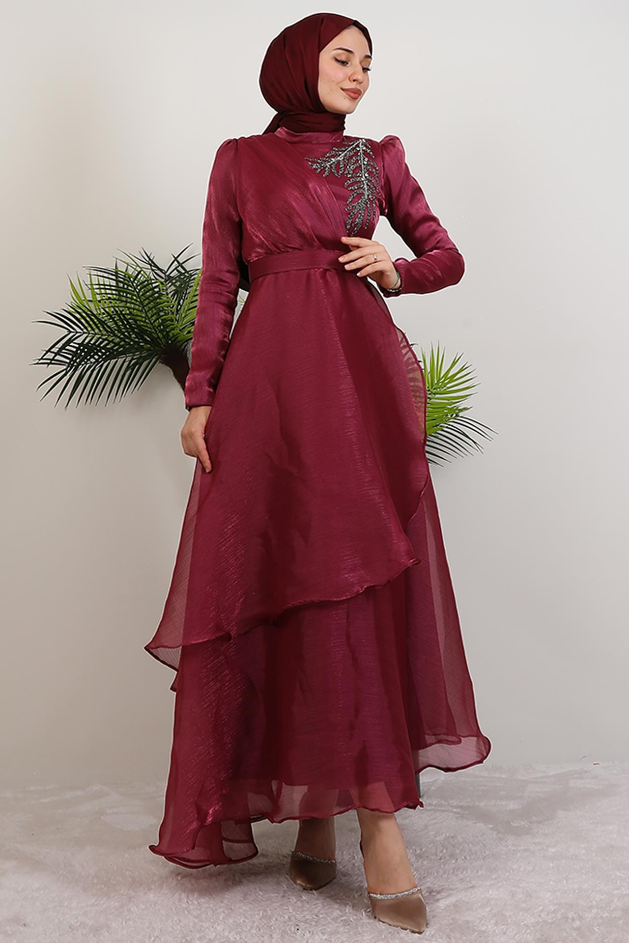 Taşlı Organze Abiye Fuşya