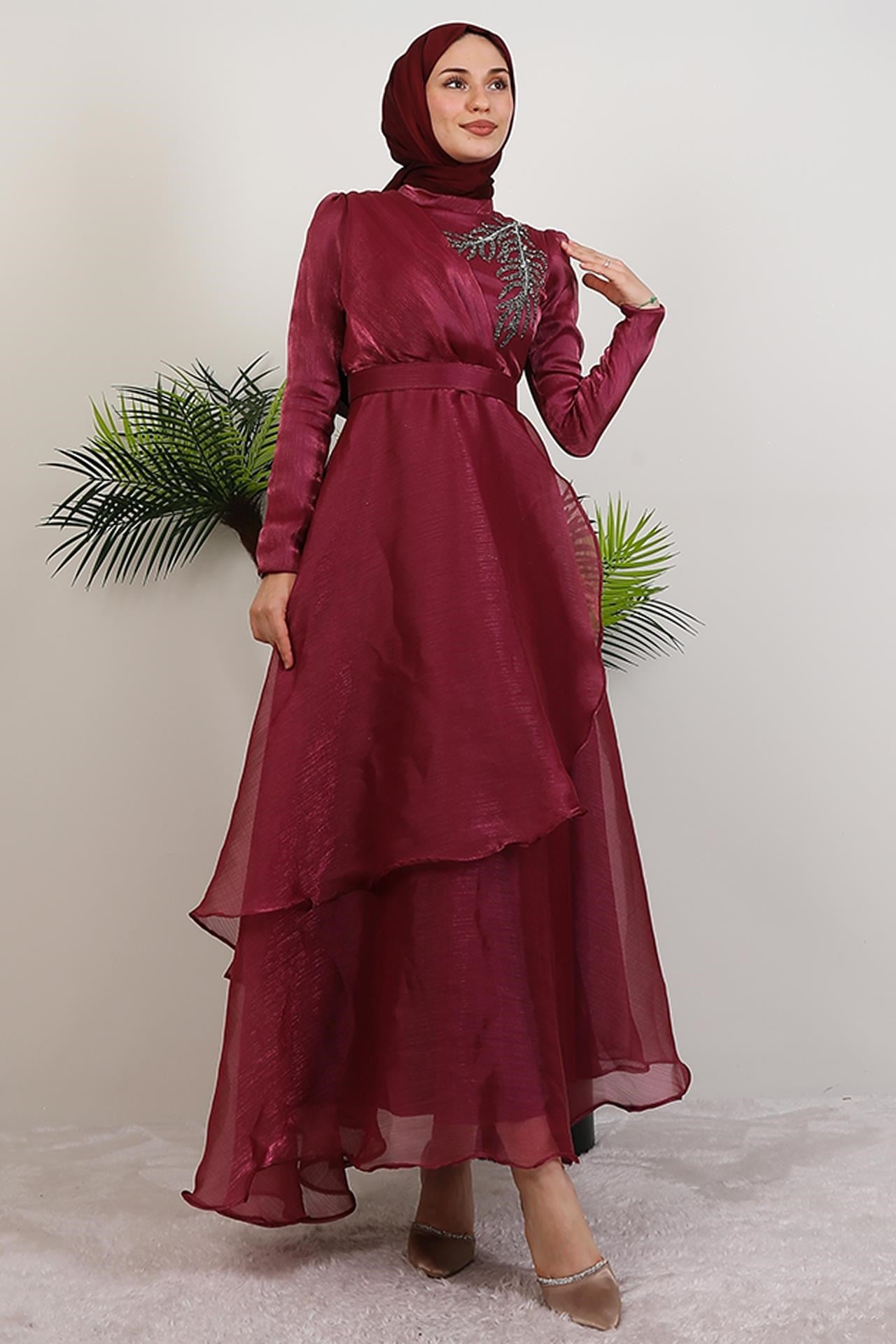 Taşlı Organze Abiye Fuşya