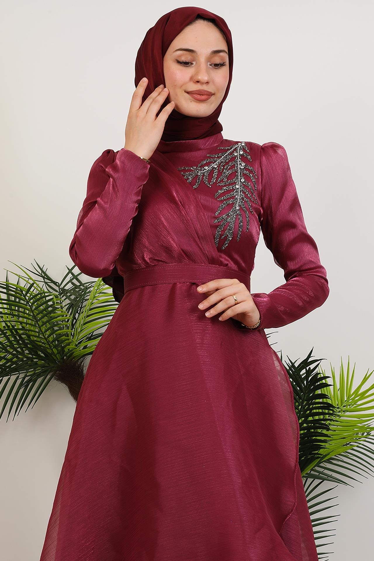 Taşlı Organze Abiye Fuşya