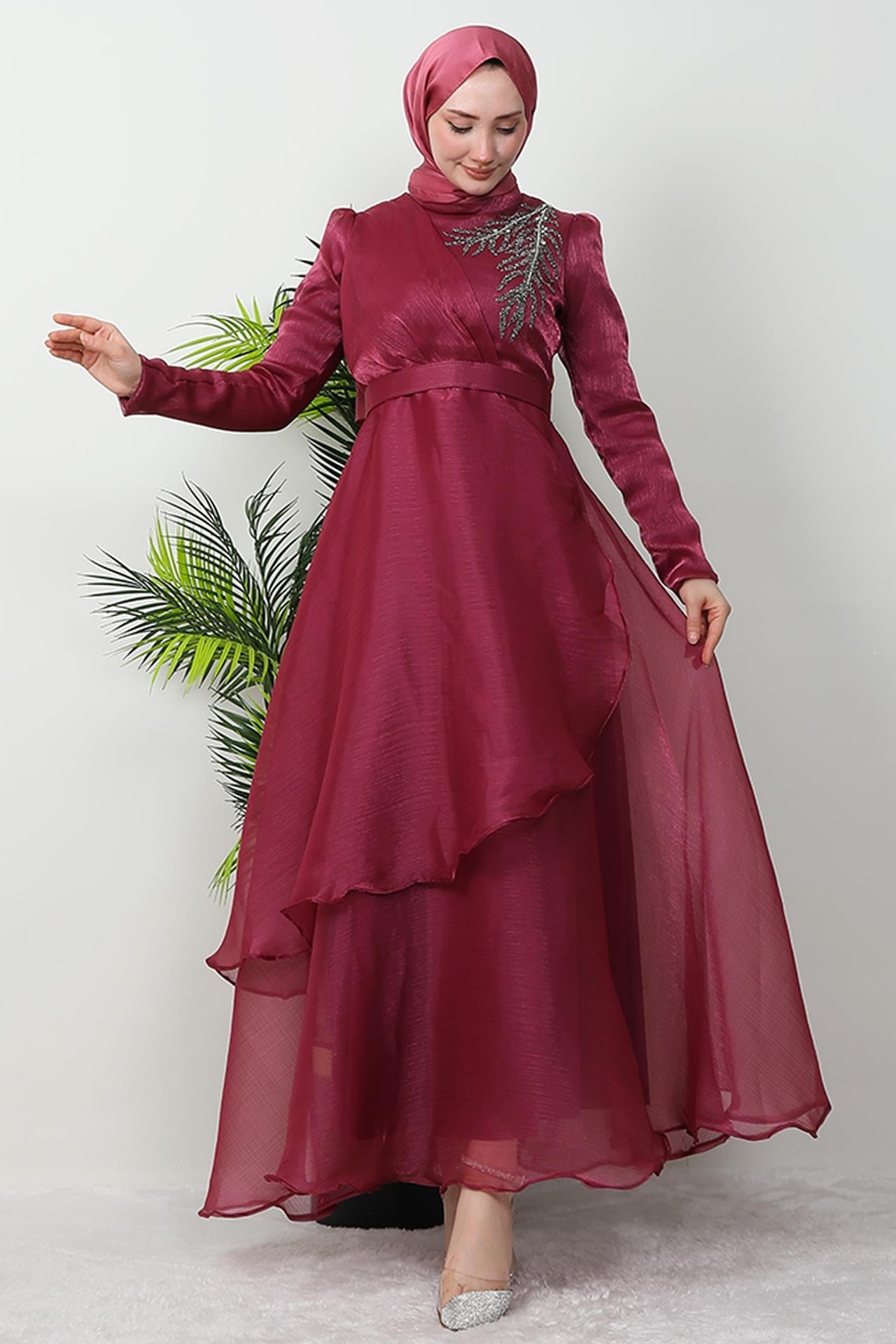 Taşlı Organze Abiye Fuşya