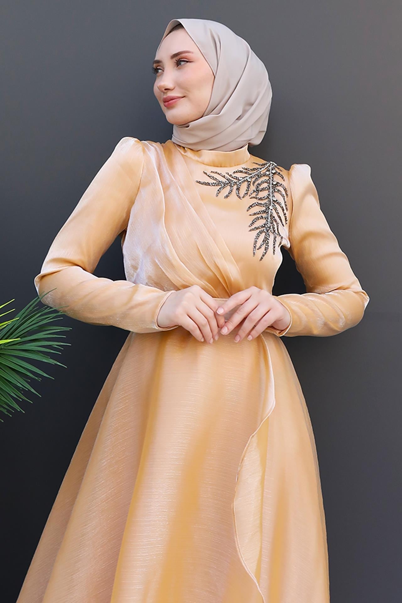 Taşlı Organze Abiye Gold