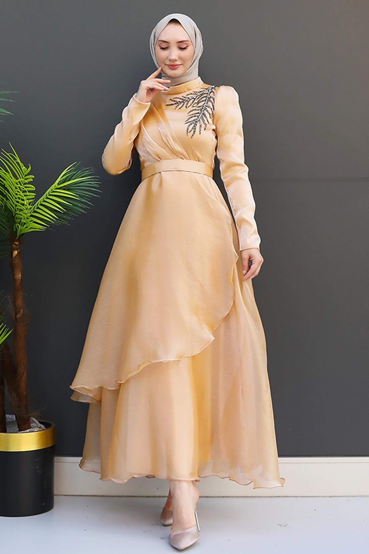 Taşlı Organze Abiye Gold