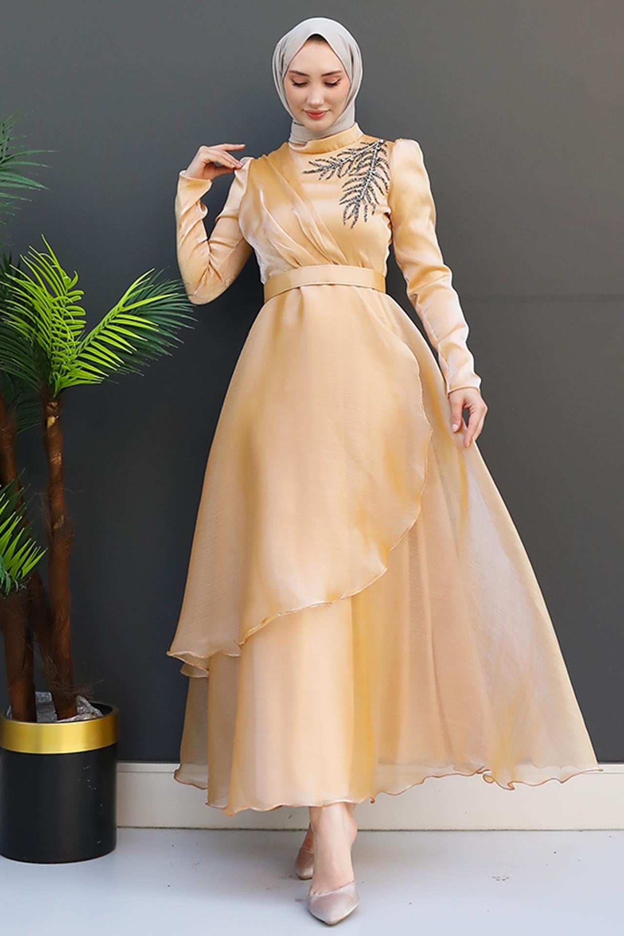 Taşlı Organze Abiye Gold