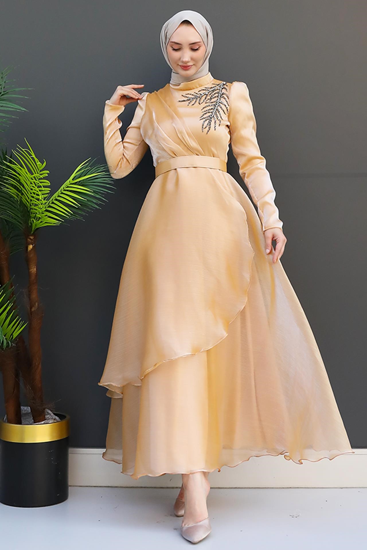 Taşlı Organze Abiye Gold