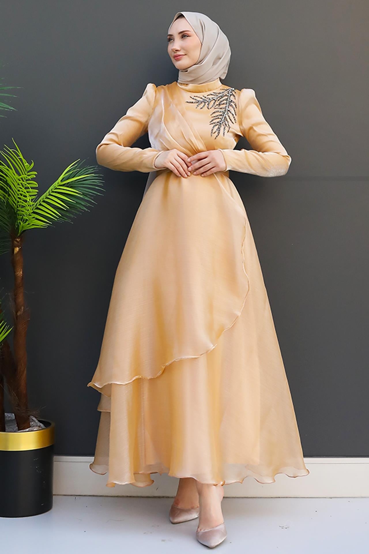 Taşlı Organze Abiye Gold