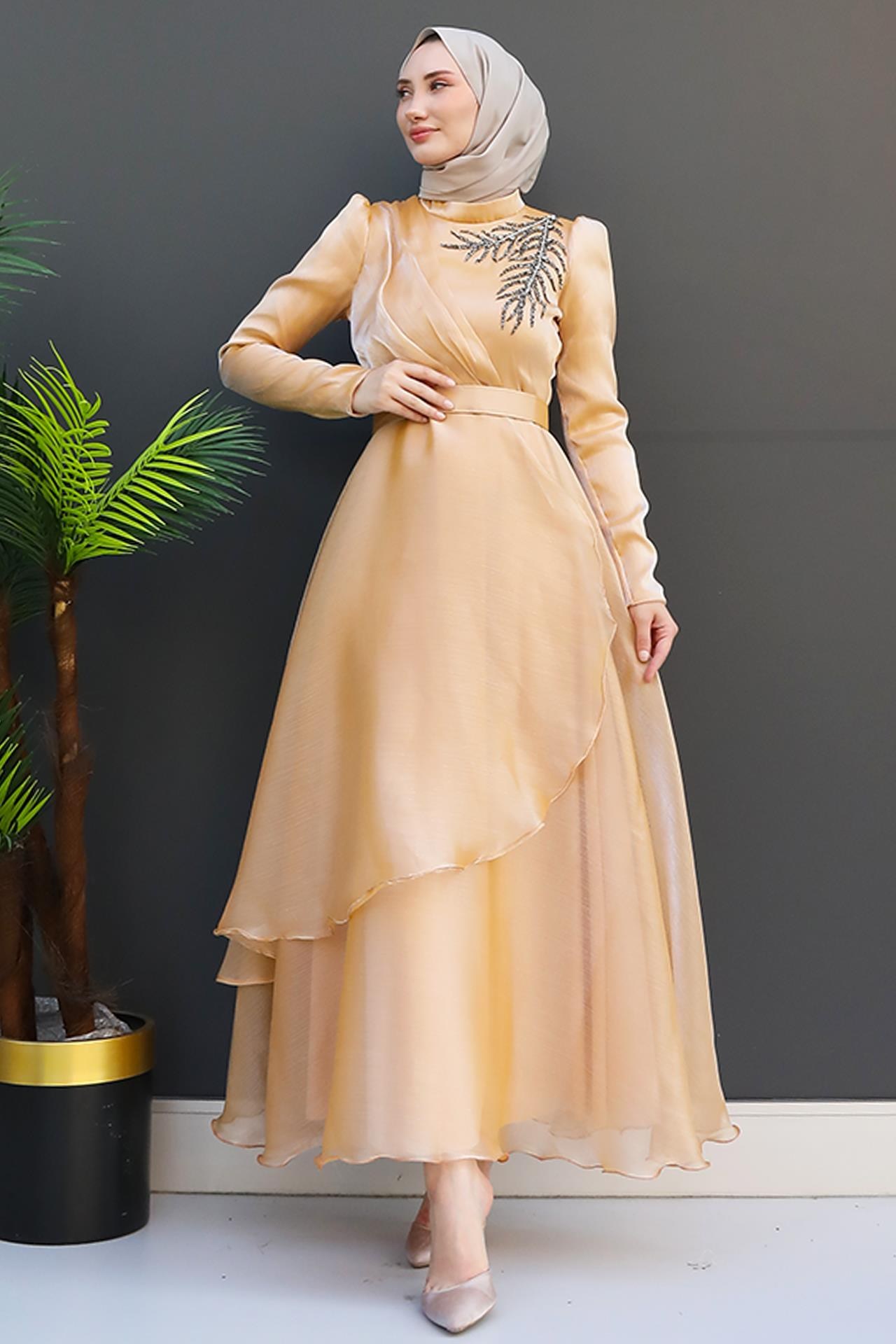 Taşlı Organze Abiye Gold