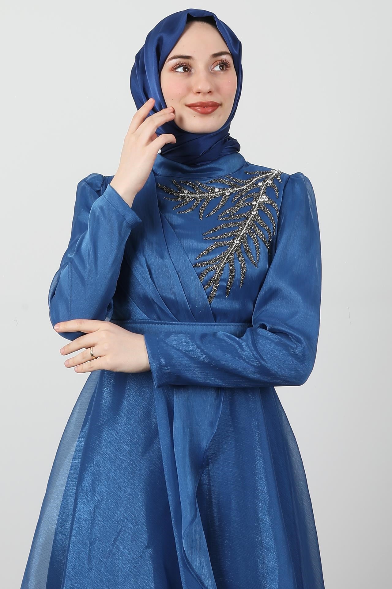 Taşlı Organze Abiye İndigo