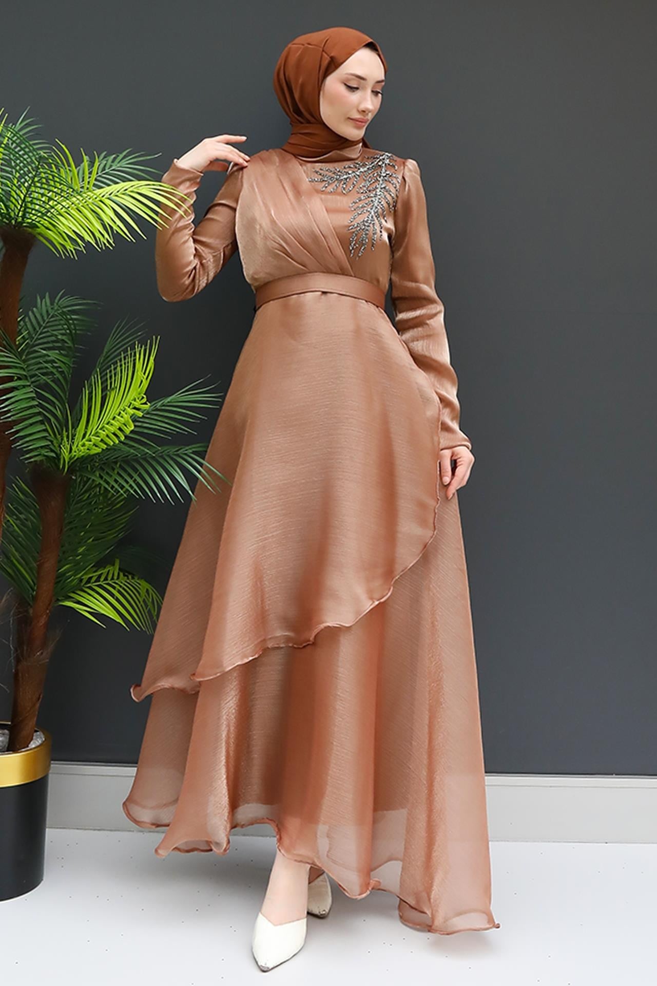 Taşlı Organze Abiye Karamel