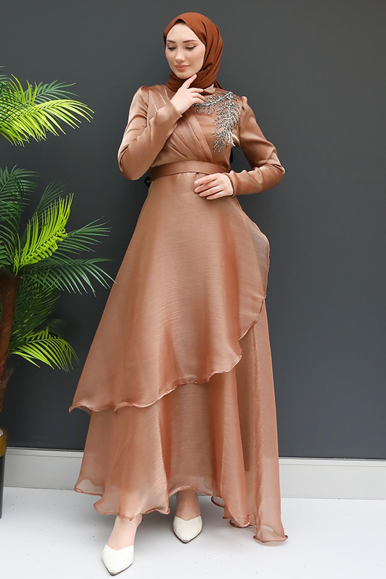 Taşlı Organze Abiye Karamel