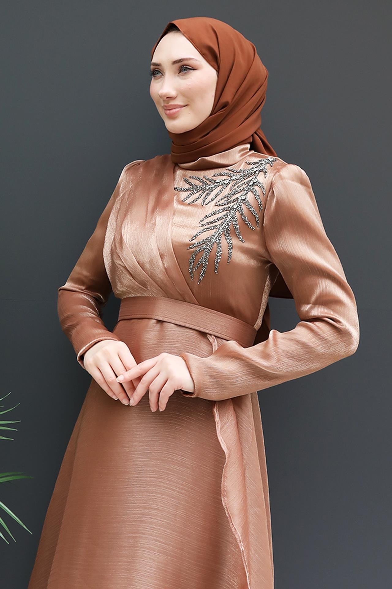 Taşlı Organze Abiye Karamel