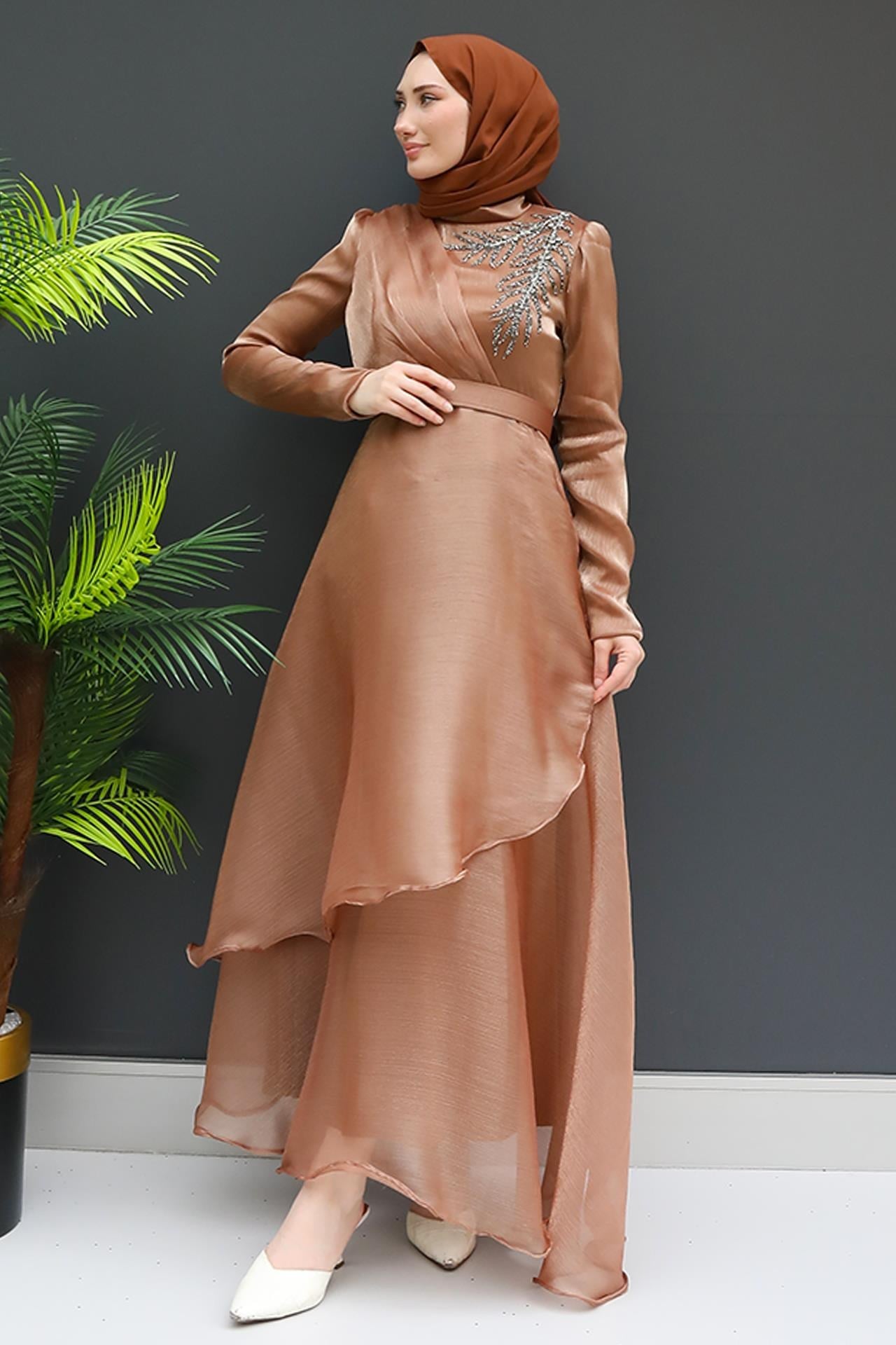 Taşlı Organze Abiye Karamel