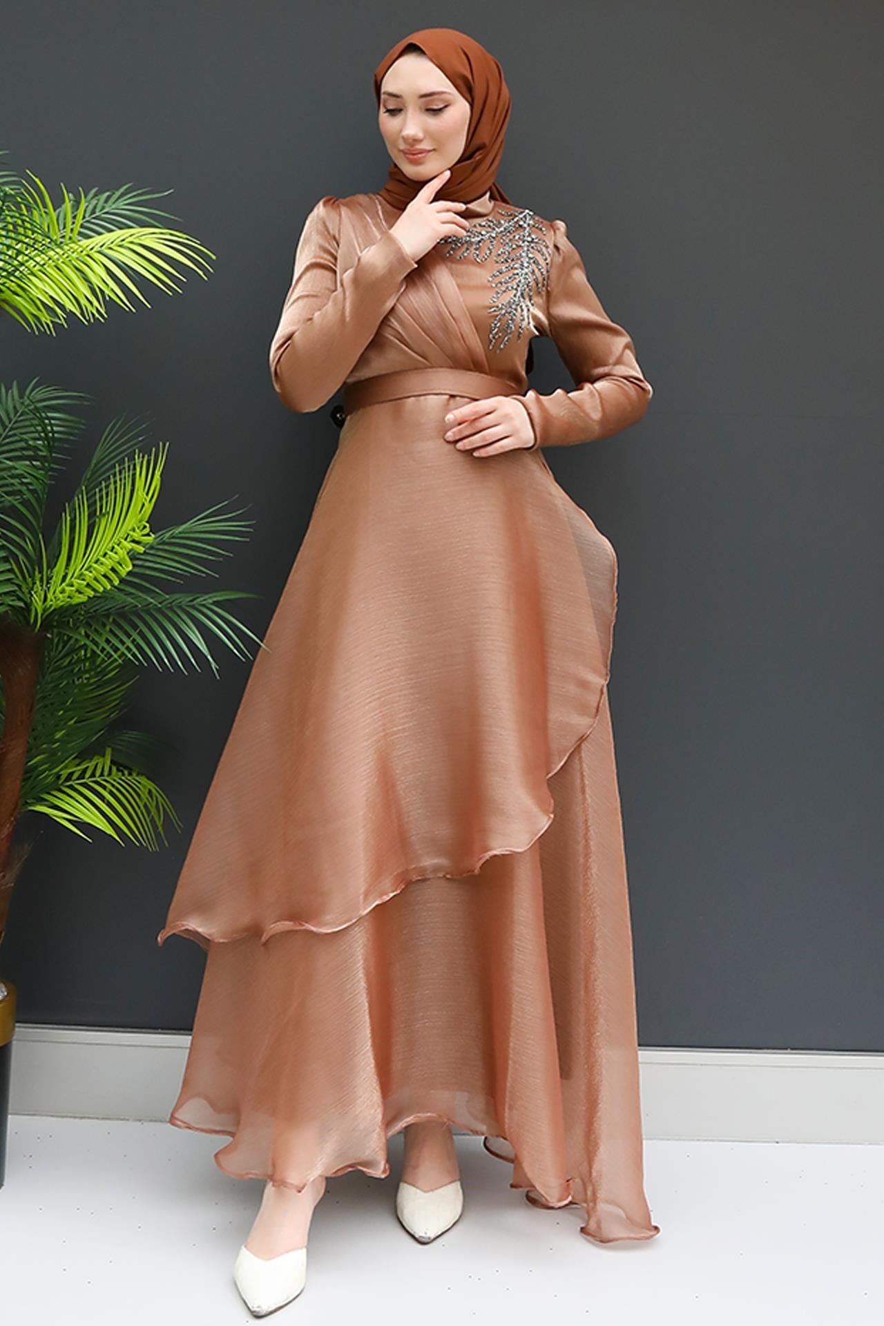 Taşlı Organze Abiye Karamel