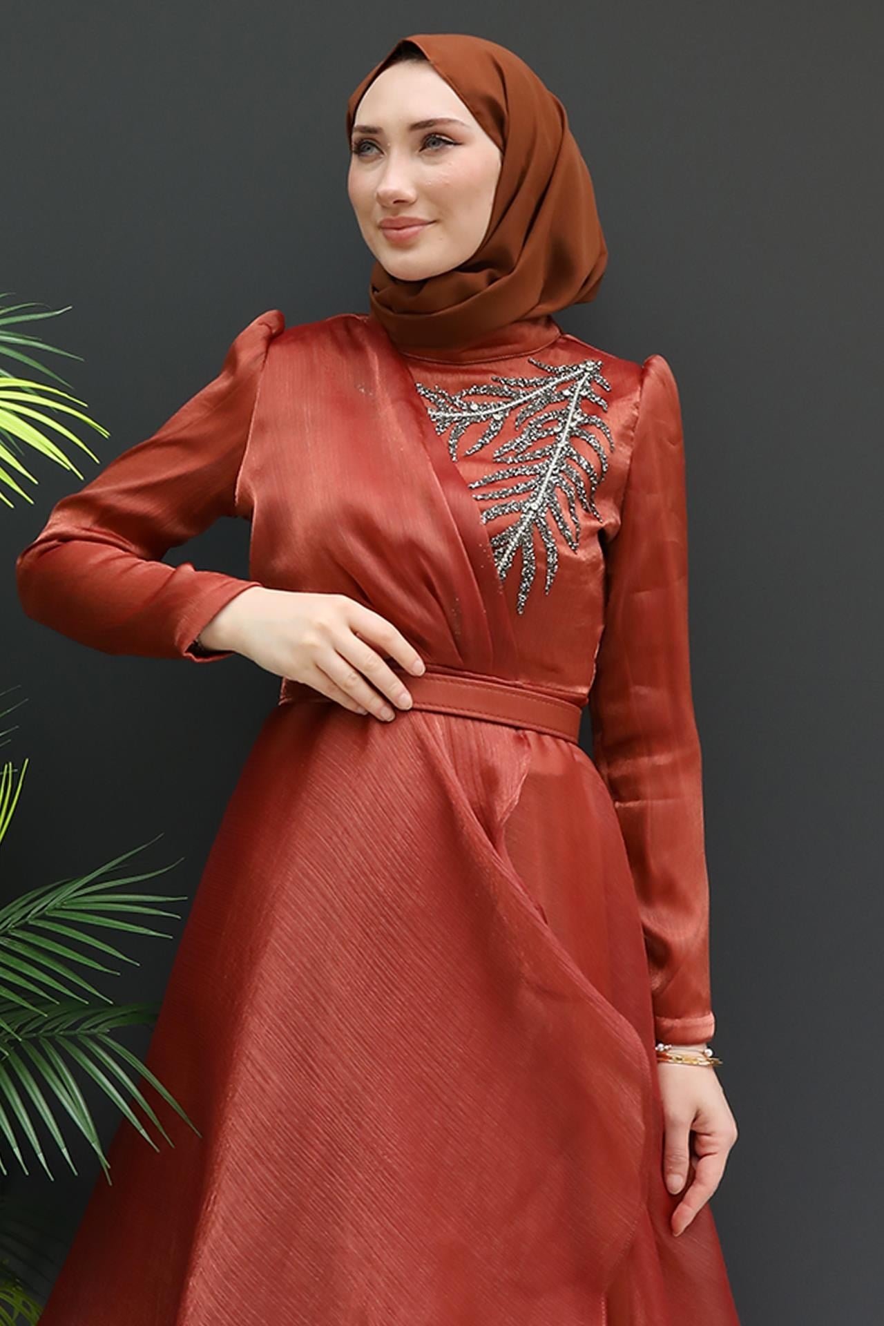 Taşlı Organze Abiye Kiremit