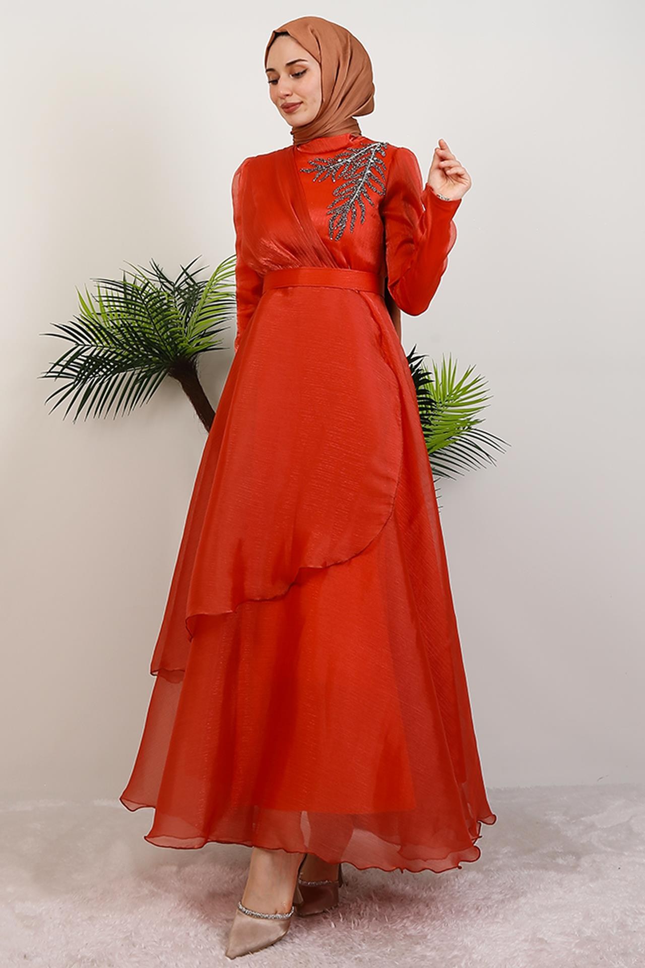 Taşlı Organze Abiye Kiremit