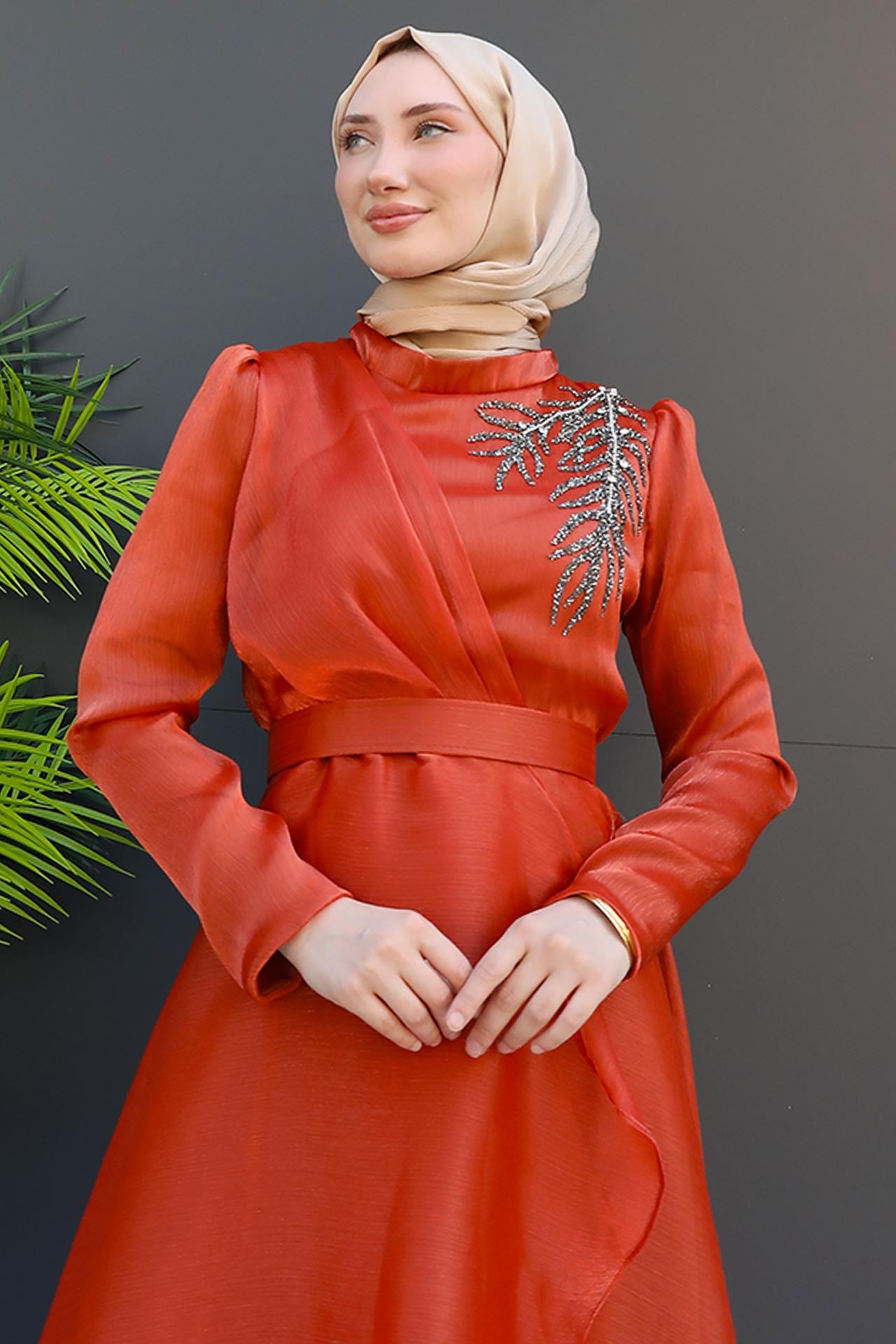 Taşlı Organze Abiye Kiremit