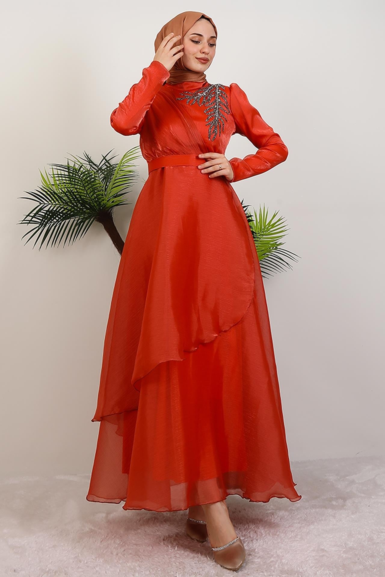 Taşlı Organze Abiye Kiremit
