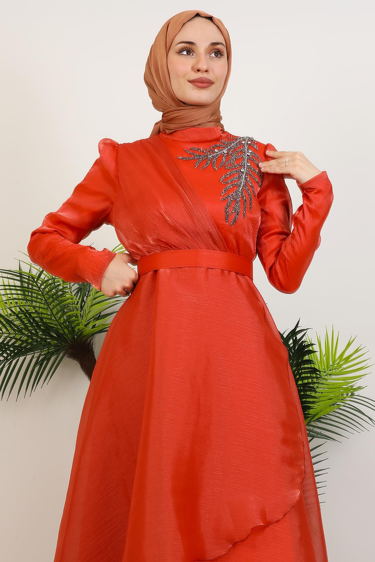 Taşlı Organze Abiye Kiremit