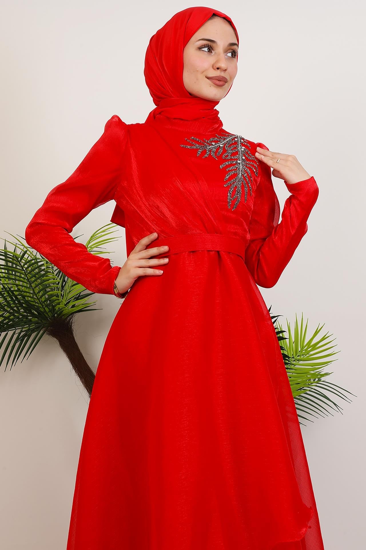 Taşlı Organze Abiye Kırmızı