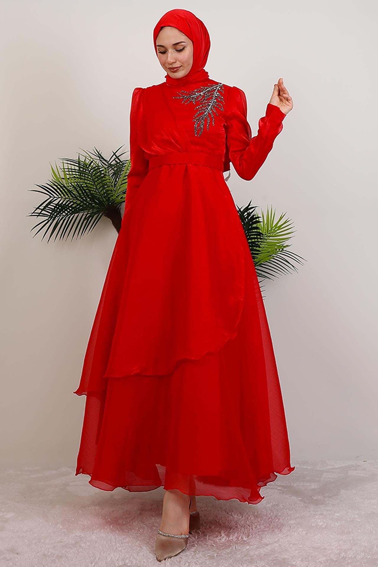 Taşlı Organze Abiye Kırmızı