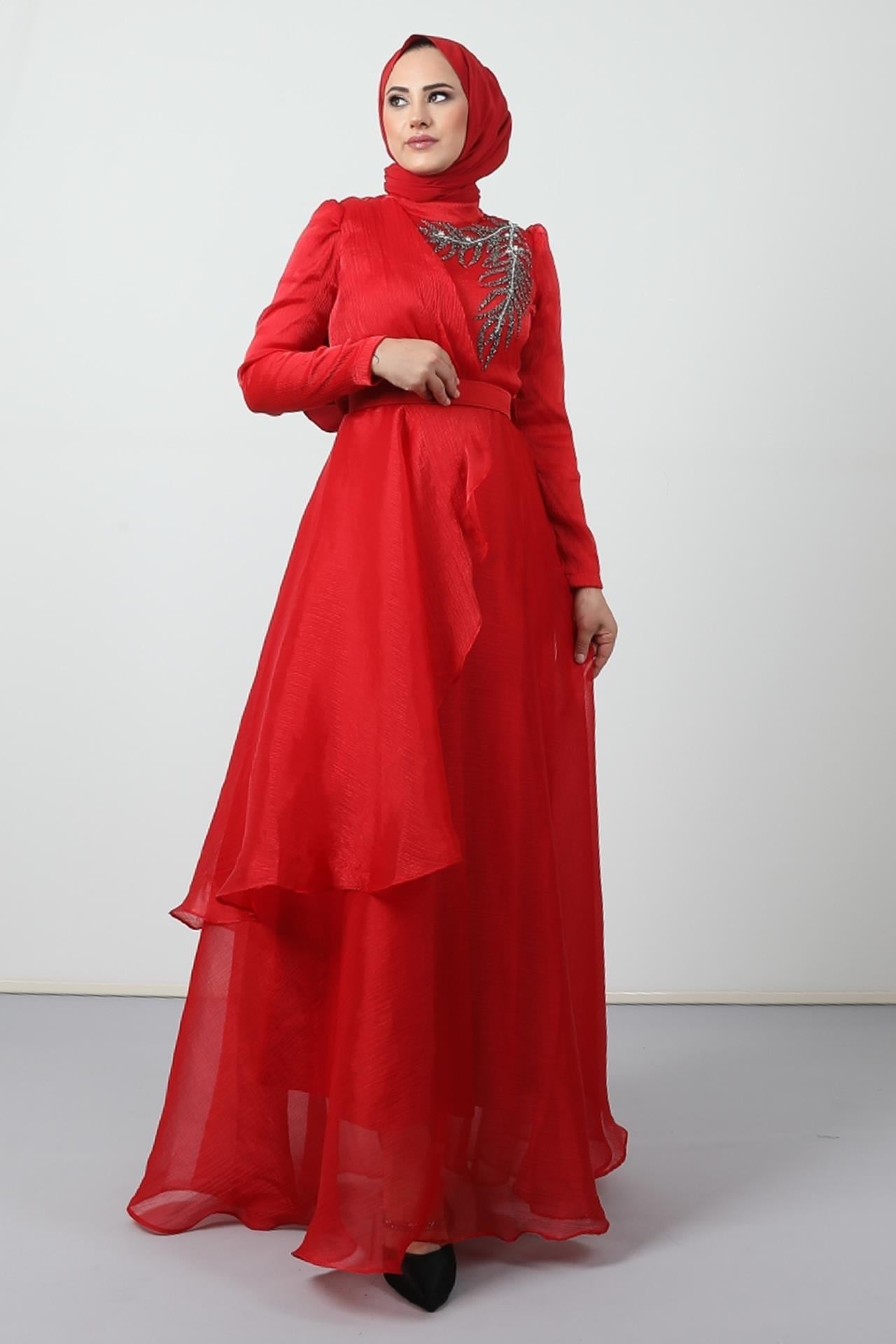 Taşlı Organze Abiye Kırmızı