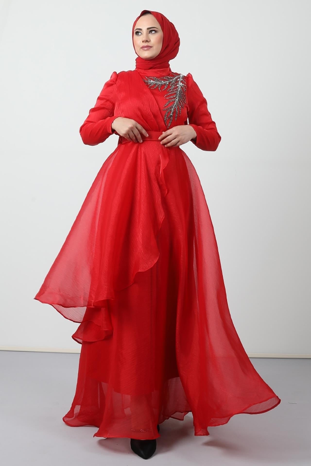 Taşlı Organze Abiye Kırmızı