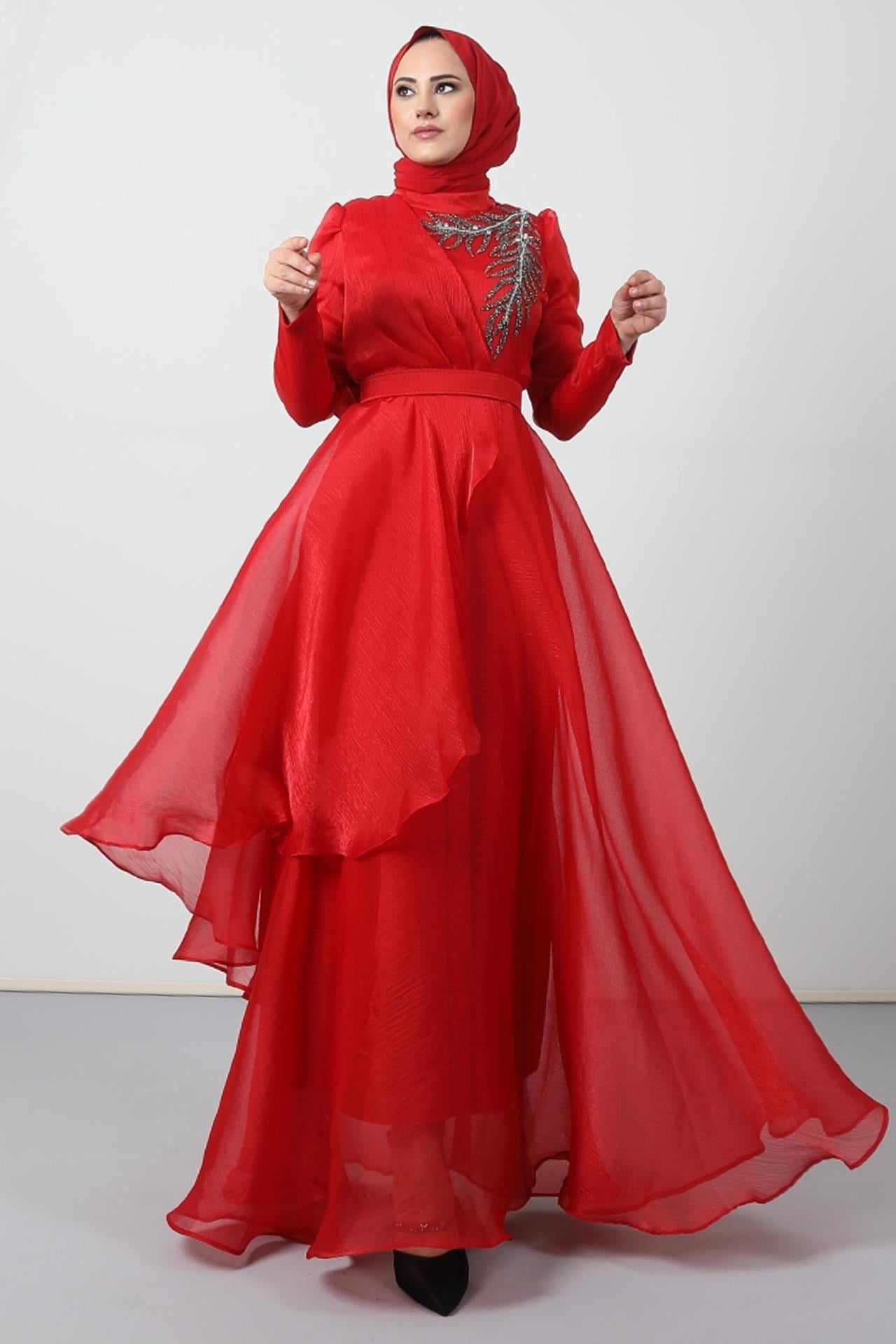 Taşlı Organze Abiye Kırmızı